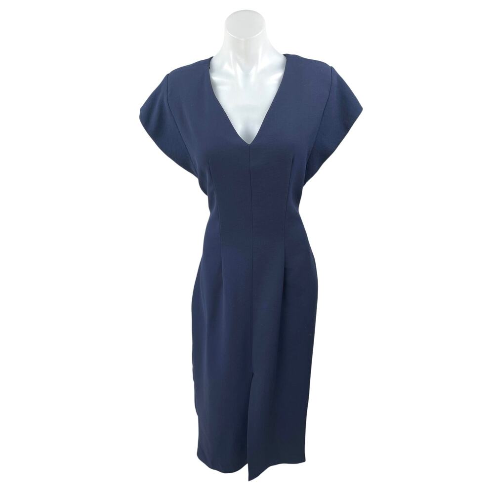 Zara Women's Navy Blue Pleated Short Sleeve V-Neck Midi Pencil Sheath Dress Sz L